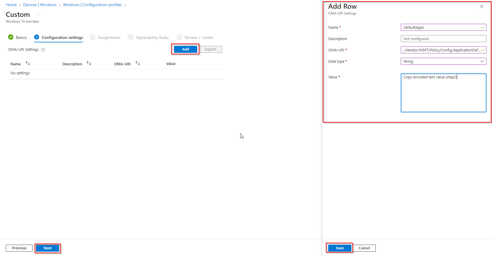 OMA-URI configuration for default app associations